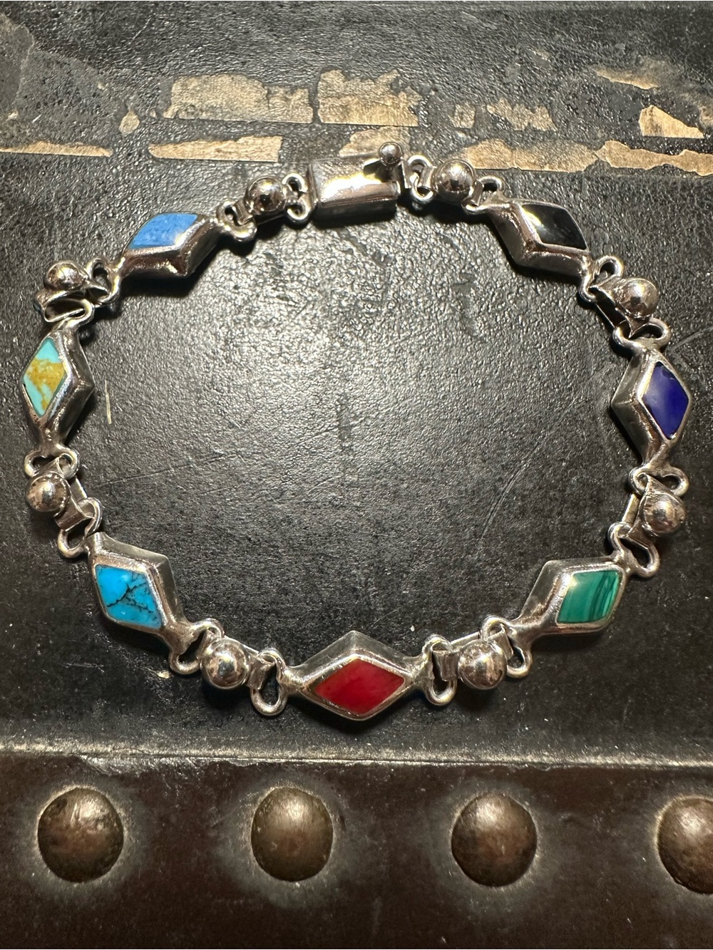 Taxco Mexico 925 Sterling Silver with inlay Precious Stones 8” Bracelet. 20grams